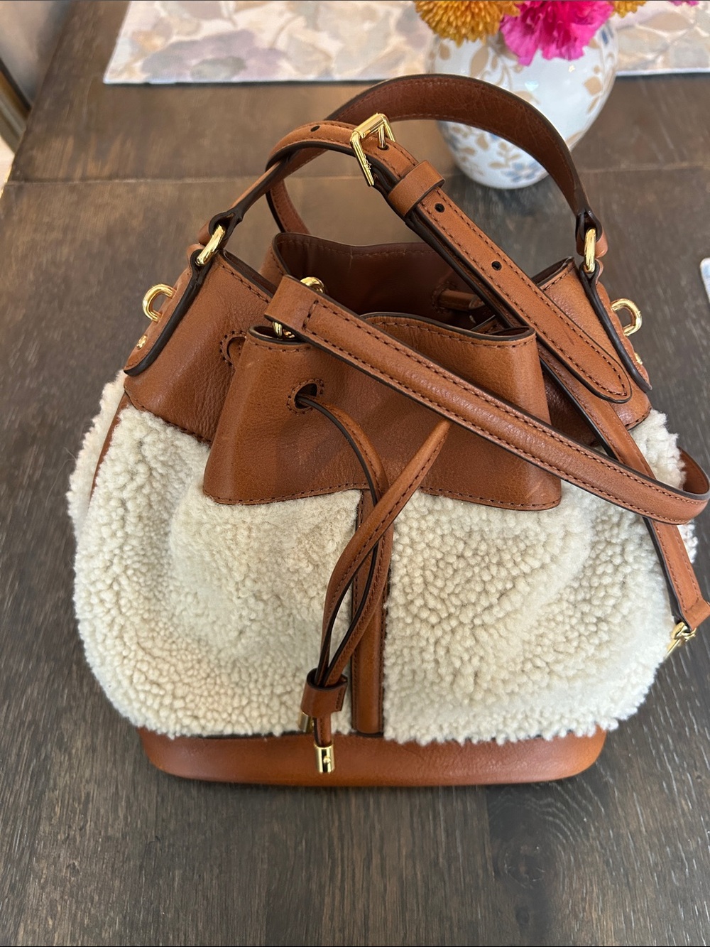 Vintage Lauren Ralph Lauren Cream Sherpa & Brown Leather Drawstring Bucket Bag - Picture 11 of 14